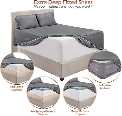 Hearth & Harbor Luxury Soft 6 Piece Bed Sheet Set Extra Deep Pocket Fitted Sheets Fits Mattress up to 21", Double Brushed Bedding Sheets & Pillowcases, King, Frost Gray