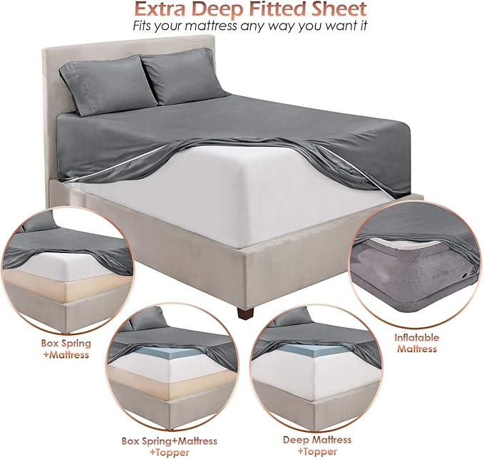 Hearth & Harbor Luxury Soft 6 Piece Bed Sheet Set Extra Deep Pocket Fitted Sheets Fits Mattress up to 21", Double Brushed Bedding Sheets & Pillowcases, Cal King, Frost Gray