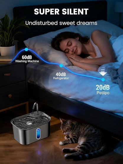 Cat Water Fountain Stainless Steel for Cats Indoor 2.5L 85oz by BPA-Free SUS304, Effective 6-Layer Filter Cat Fountain for Drinking 20dB Ultra Quiet Metal Pet Water Fountain (Fountain+4 Filters)