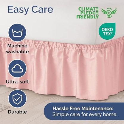 Wrap Around Dust Ruffle Bed Skirt - Baby Pink - Queen Size Beds w/ 15 Inch Drop - Easy Fit Elastic Strap - Adjustable Pleated Bedskirt w/Brushed Fabric - Wrinkle Free - Women, Men, Kids & Teens