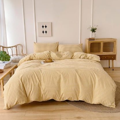 LifeTB Queen Comforter Set Modern Style Yellow Gingham Comforter Geometric Plaid Printed Bedding Comforter with 2 Pillow Shams Fluffy Lightweight Gingham Bedding Grid Checkered Comforter Set