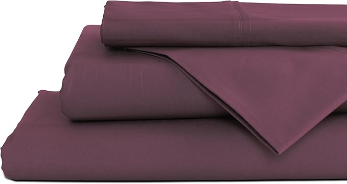 Linen Home 100% Cotton Percale Sheets Twin Size, Damson Berry, Deep Pocket, 3 Pieces Set - 1 Flat, 1 Deep Pocket Fitted Sheet and 1 Pillowcase, Crisp Cool and Strong Bed Linen