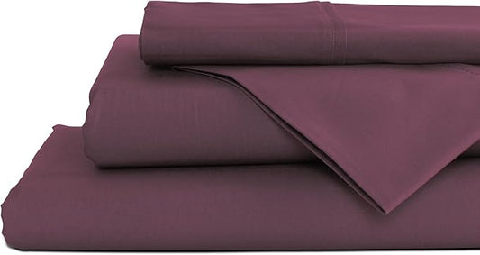 Linen Home 100% Cotton Percale Sheets King Size, Damson Berry, Deep Pocket, 4 Pieces Set - 1 Flat, 1 Deep Pocket Fitted Sheet and 2 Pillowcases, Crisp Cool and Strong Bed Linen