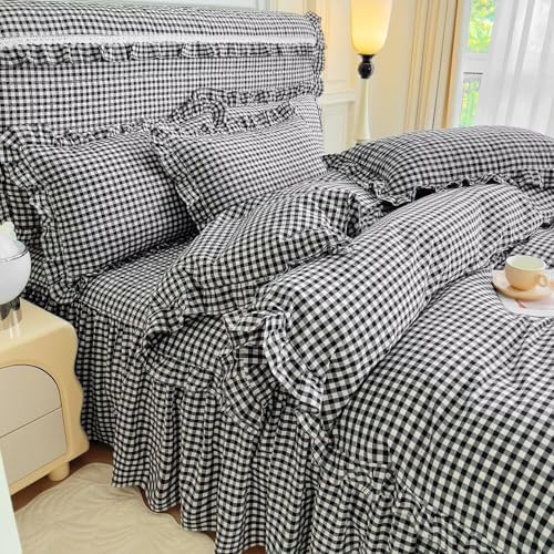 mixinni Vintage Black Gingham Ruffle Comforter Set 3-Piece Washed Cotton Queen Size Grid Bedding Set with Geometric Checkered Pattern, Farmhouse Chic Soft Fluffy Comforter for All-Season
