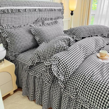 mixinni Vintage Black Gingham Ruffle Comforter Set 3-Piece Washed Cotton Queen Size Grid Bedding Set with Geometric Checkered Pattern, Farmhouse Chic Soft Fluffy Comforter for All-Season