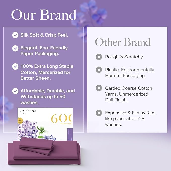 Carressa Linen 100% Egyptian Cotton California King Size Sheet Set - Luxury 600 Thread Count Cotton Sheets Cal King Size (Plum Purple), Soft, Cooling, Sateen Weave 16" Deep Pocket Hotel Quality Sheet