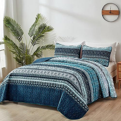 WONGS BEDDING Boho California King Quilt Bedding Set, 3 PCS Bedspread,Blue