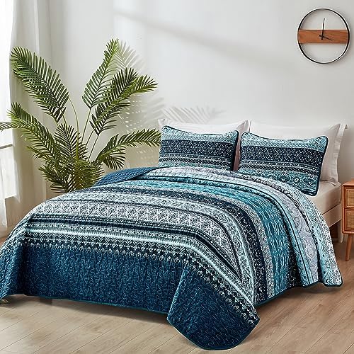 WONGS BEDDING Boho King Quilt Bedding Set, 3 Pieces Soft Bedspread, Blue