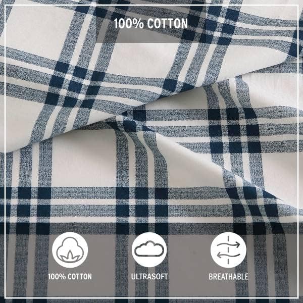 Eddie Bauer Home | Percale Collection Sheet Set-100% Cotton, Crisp & Cool, Lightweight & Moisture-Wicking Bedding, Twin, Navy Plaid,USHSA01132421