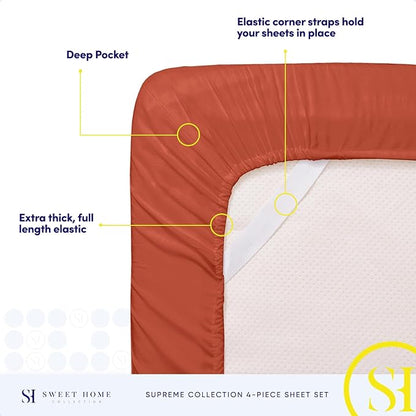 Queen Size Bed Sheets - Breathable Luxury Sheets with Full Elastic & Secure Corner Straps Built In - 1800 Supreme Collection Extra Soft Deep Pocket Bedding Set, Sheet Set, Queen, Rust
