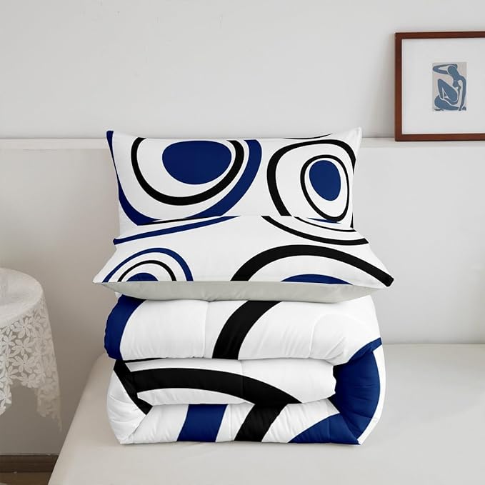 Erosebridal White Blue Black Striped Twin Bedding Sets for Adult Women Men Modern Circle Abstract Comforter Set Contemporary Graffiti Lines Quilt Duvet Set Minimalists Aesthetic Boho Bed Collections