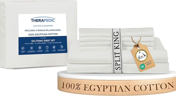 Therapedic 100% Egyptian Cotton Split King 7-Piece Sheet Set – Naturally Cooling & Breathable Sateen, Preshrunk Garment Wash, 16" Deep Pocket Fitted Sheet, Bonus Pillowcases, Soft & Durable - White