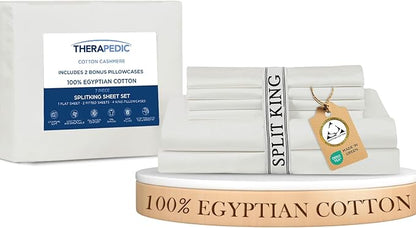 Therapedic 100% Egyptian Cotton Split King 7-Piece Sheet Set – Naturally Cooling & Breathable Sateen, Preshrunk Garment Wash, 16" Deep Pocket Fitted Sheet, Bonus Pillowcases, Soft & Durable - White