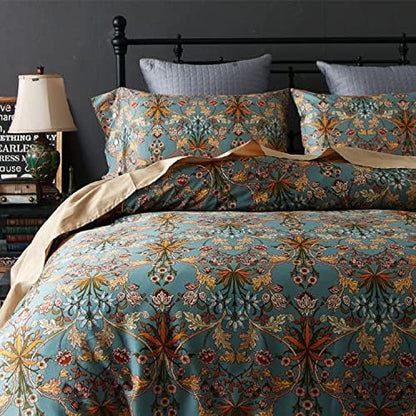 Vintage Style Garden Flower Duvet Cover Set King Boho Floral Long Staple Cotton Comforter Cover Luxury Soft Green Golden Floral Bedding Set Boho Farmhouse Bohemia Duvet Cover with 2 Pillowcases