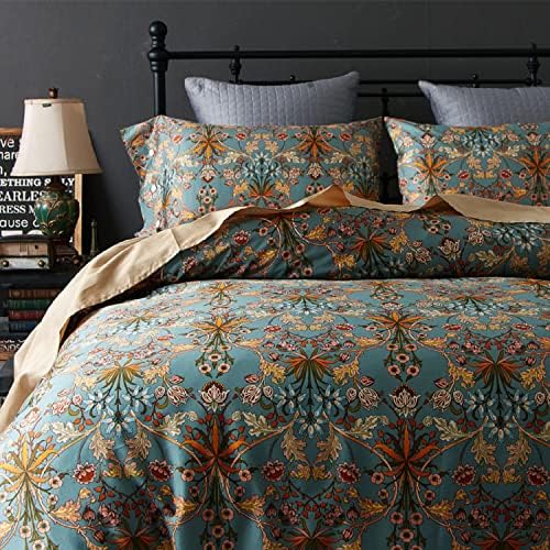 Vintage Flower Duvet Cover Full Percale Cotton Medallion Print Floral Bedding Set Full Farmhouse Bohemian Flower Comforter Cover with 2 Pillowcases Aesthetic Boho Duvet Cover with Zipper Closure