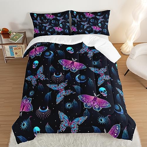 HOSIMA Halloween Twin Comforter Skull Butterfly Bed Set,Goth Bedding Set Black Comforter Twin Bed in a Bag Sets for Adults Boys Girls Halloween Room Decor Dark Academia Bedding.