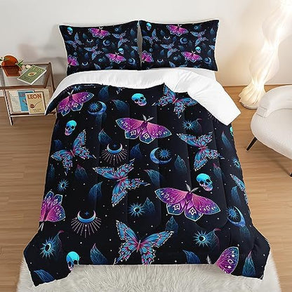 HOSIMA Halloween Twin Comforter Skull Butterfly Bed Set,Goth Bedding Set Black Comforter Twin Bed in a Bag Sets for Adults Boys Girls Halloween Room Decor Dark Academia Bedding.
