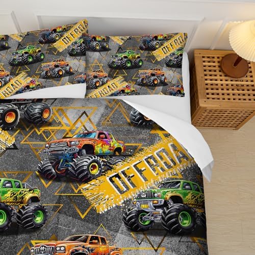 Queen Size Monster Truck Comforter Sets for Boys，Monster Truck Queen Size Bedding Sets Boys，with 1 Comforter with 2 Pillow Case，Kids Monster Truck Themed Bedroom Decor