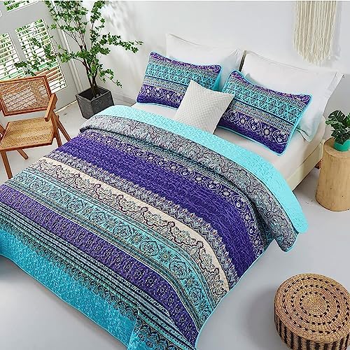 WONGS BEDDING Boho Full Quilt Bedding Set, 3 Pieces Soft Bedspread, Blue