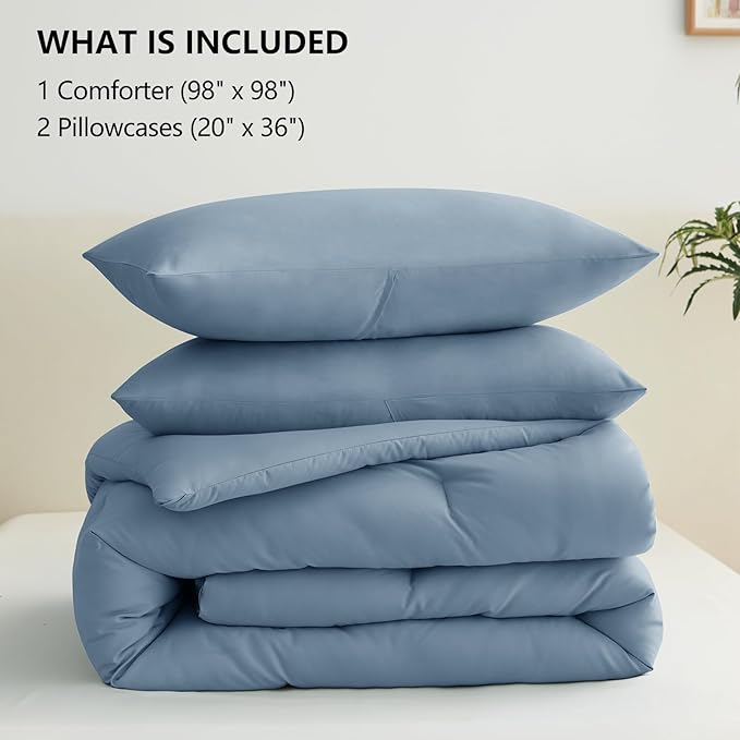 CozyLux Oversized Queen Comforter Set Grayish Blue, 3 Pieces 98x98 Solid Breathable Bedding Set All Season, Dusty Blue Luxury Soft Lightweight Bed Set with Down Alternative Comforter and 2 Pillowcases