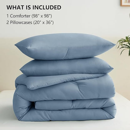 CozyLux Oversized Queen Comforter Set Grayish Blue, 3 Pieces 98x98 Solid Breathable Bedding Set All Season, Dusty Blue Luxury Soft Lightweight Bed Set with Down Alternative Comforter and 2 Pillowcases