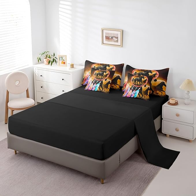 Erosebridal Horse Bed in a Bag Queen Comforter Set 7 Piece,Dream Catchers Feather Bedding Sets Western Animals Sheet Set with Comforter