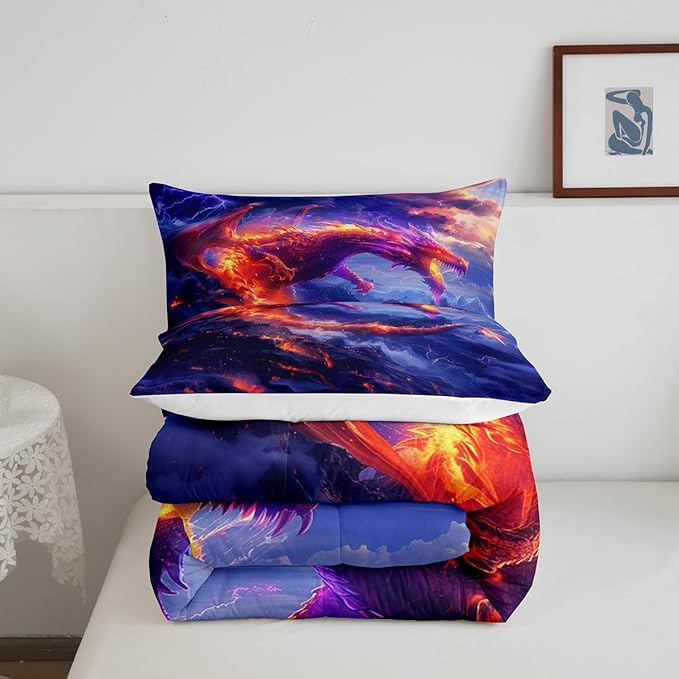Fire Dragon Comforter Set Full Size,Galaxy Starry Sky Flame Dragon Bedding Set 3Pcs,Kids Girls Boys Teens Home Decor,Western Magical Style Quilt Set Lightning Wild Animals Duvet Insert,2 Pillowcases