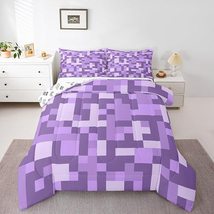 Pixel Grid Miners Comforter Set King Size,Video Games Plaid Lattice Kids Bedding Set,Geometric Check Quilt Comforter,Light Purple Duvet Insert,2 Pillowcases