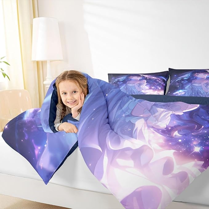Erosebridal Anime Girls Bedding Anime Gifts Comforter Set for Kids Purple 3D Galaxy Printing Bedding Sets, Cartoon Long Curly Hair Girly Printed Comforter Kids Kawaii Japanese Girl Bed Set, Full