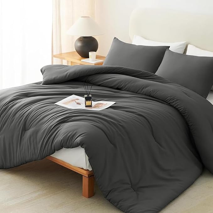 CLOTHKNOW Dark Grey Comforter Set California King Gray Bedding Comforter Sets Soft Grey Comforter Men Women Comforter with 2 x Pillow Cases