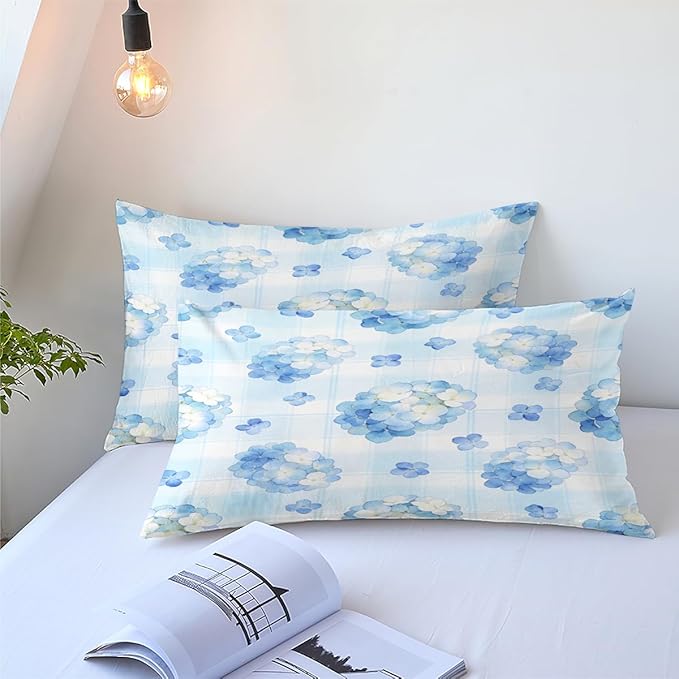 Girls Kids Women 3-Piece Cottage Blue Floral Comforter Set, King Size Girls Hydrangea Bedding Sets, Includes 1 Comforter 104"x90" and 2 Pillowcases