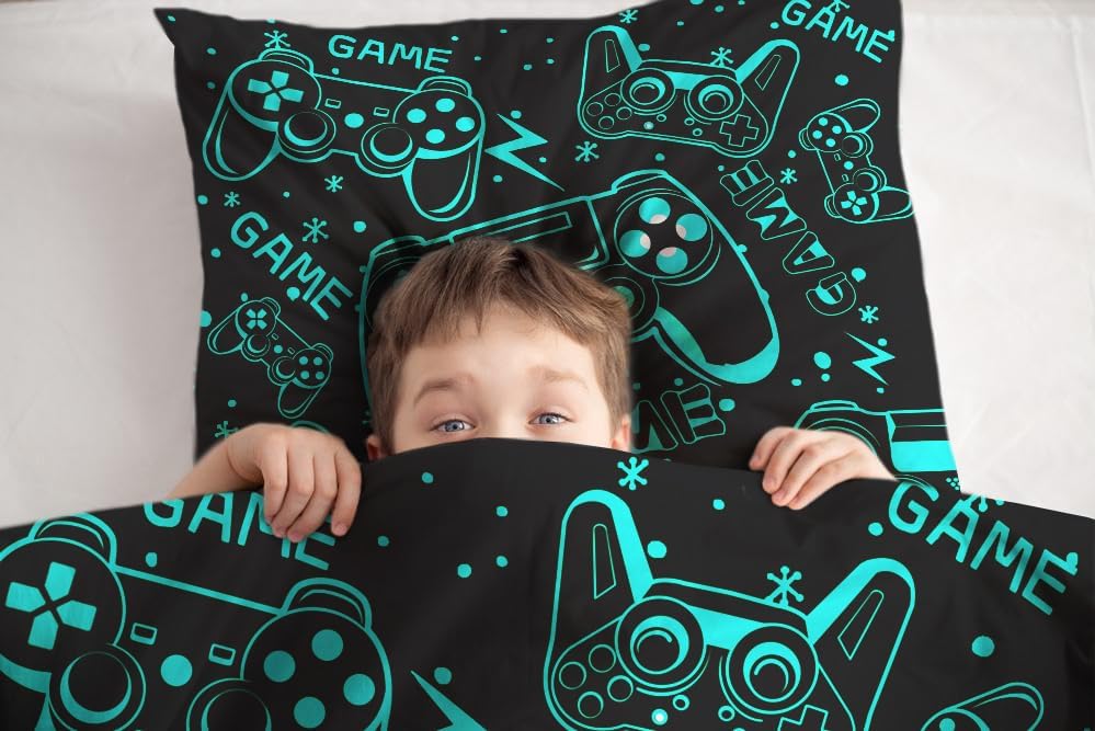Sunnycitron Black Green Gamepad Gamer Comforter Set for Boys Gaming Bedding Set Teens Game Room Decor Queen (1 Comforter + 2 Pillowcase)