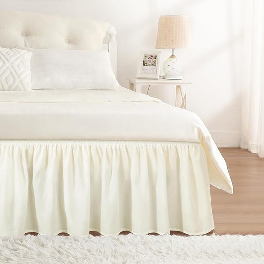 RIMELA Cream Bed Skirt King Size 12 Inch Drop, Wrap Around Elastic Adjustable Bedskirt, Soft Durable Fabric Machine Washable Easy to Install Bed skirting Dust Ruffle for Bed Frame & Box Spring
