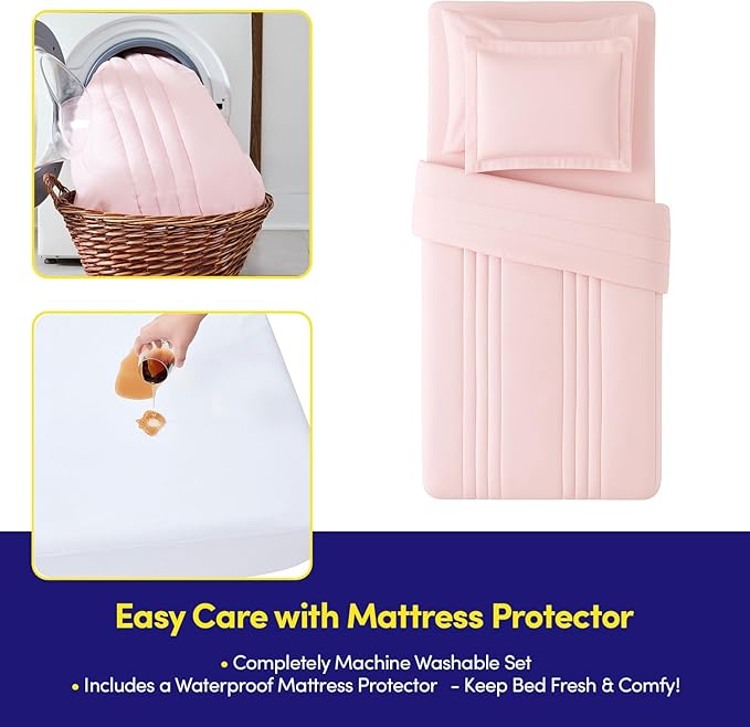 Twin Size Comforter Set Quilted Stripe Bedding Bundle – Comforter, Mattress Protector, Sheets with Pockets on the Side & Built-in Corner Strap – Fitted Sheet Media Pocket for Devices, Pale Pink