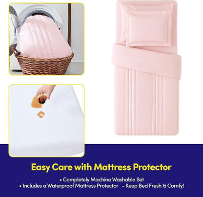 Dorm Room Essentials Twin XL Comforter Set – College-Ready Bundle with Comforter, Mattress Protector & Sheets with Pockets on the Side & Built-in Corner Strap – Media Pocket for Devices