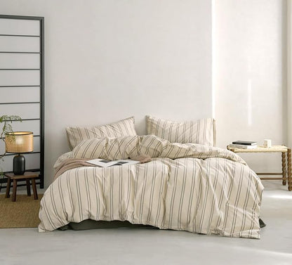 VM VOUGEMARKET Teen Boys Duvet Cover Set Twin,Greyish-Green Stripes Duvet Cover with 2 Pillowcases,Modern Cozy Washed Cotton Comforter Cover with Zipper Closure & Corner Ties 68"x90"(3pcs,Twin XL)