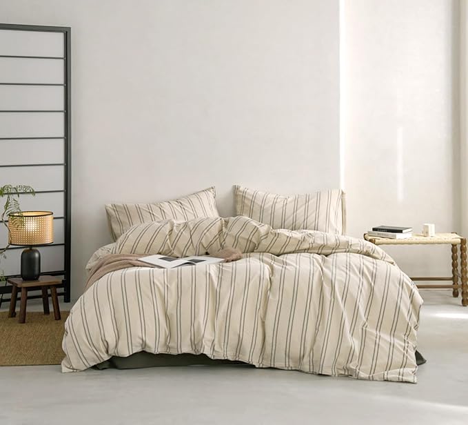 VM VOUGEMARKET Full Duvet Cover Set Beige Gray Striped Bedding Set Soft Washed Cotton 3 Pieces Dark Green Vertical Ticking Stripes Comforter Cover with Zipper Closure-80x90 Inch