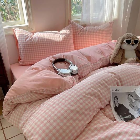 Nayoroom Pink Gingham Duvet Cover King Size Reversible Plaid Checkered Duvet Cover 3 Pieces Soft Breathable Washed Microfiber Girls Dorm Bedding Set for All Season