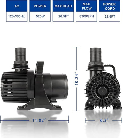 8300 GPH 520W IPX8 Submersible Pond Waterfall Pump | 32.8FT Long Power Cord, Quiet Powerful Fountain Pump for Koi Fish, Garden Yard Patio Duck Pond, with Barrier Filter Bag