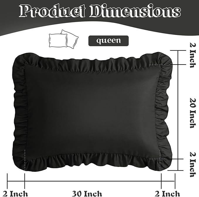 KKJIAF Ruffle Pillow Cases Queen Size Set of 2, Ruffled Pillow Covers with Envelope Closure, Wrinkle Resistant Pillowcases 20" x 30", Ruffled Pillow Shams, Black