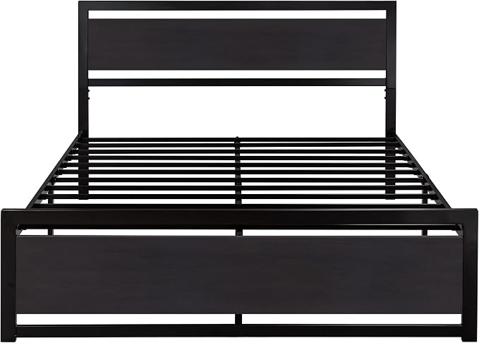 SHA CERLIN Heavy Duty Queen Size Bed Frame with Modern Headboard, Black | Platform Metal Base with Square Footboard and 13 Strong Slats Support, No Box Spring Needed