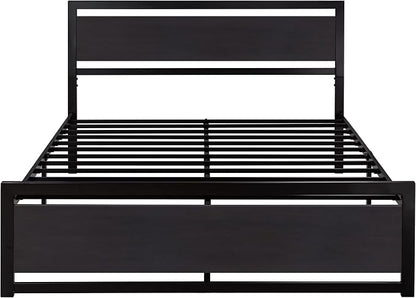 SHA CERLIN Heavy Duty Queen Size Bed Frame with Modern Headboard, Black | Platform Metal Base with Square Footboard and 13 Strong Slats Support, No Box Spring Needed