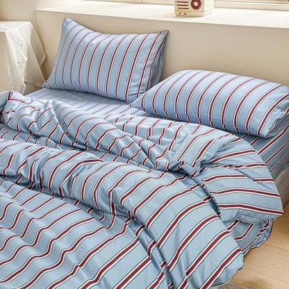 NSNLGSGC Blue and Red Retro Striped Duvet Cover Set, Full