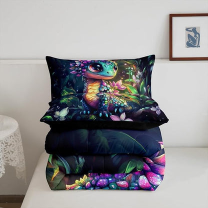 Feelyou Dragon Comforter Set Twin Size Dragon Stuff Comforter for Boys Girls Teens Wild Life Bedding Set Flower and Grass Duvet Set Room Decor Balck Green Quilt Set