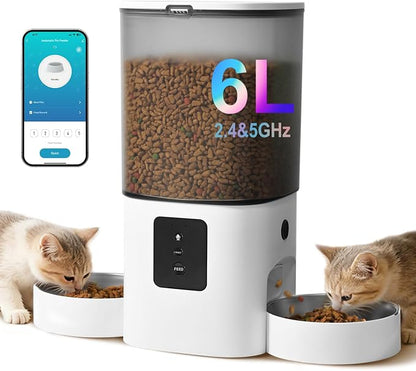 2.4G/5G Automatic Cat Feeder, 6L WiFi Cat Food Dispenser with 10s Voice Recorder, Double Bowl Pet Feeder up to 10 Meals per Day, Timed Feeder with Dry Food Sealed Ring (White)