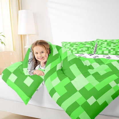 Pixelated Miners Game Kids Bedding Set King Size,Video Games Gamepad Gaming Comforter Set,Geometric Square Quilt Comforter,Light Green Bedroom Duvet Insert,2 Pillowcases