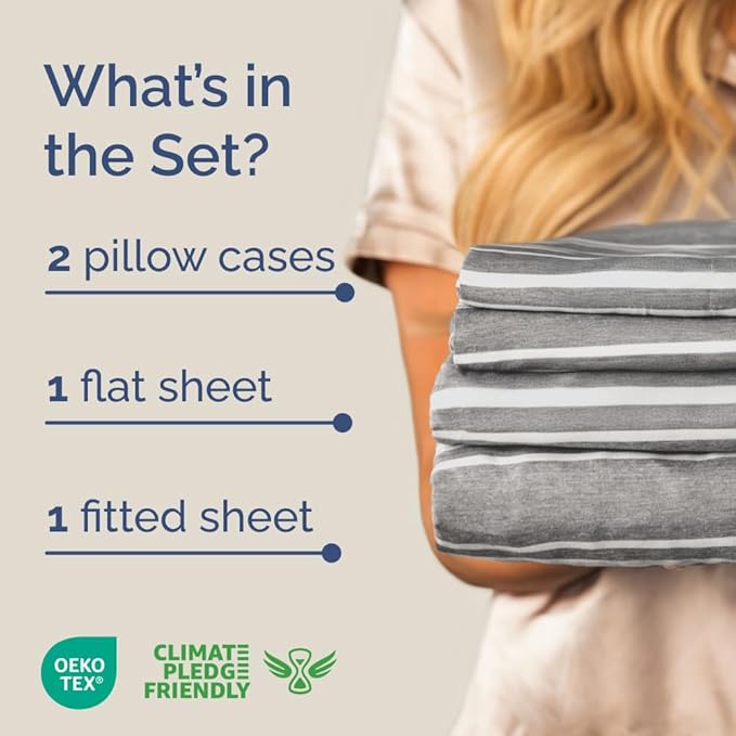 Full XL Bed Sheet - 4 Piece Full XL Bed Sheets Set - Soft, Breathable & Cooling - Hotel Luxury Bedding for Women, Men, Kids, Teens, Boys & Girls - Deep Pockets, Fade and Wrinkle Free - Grey Stripes