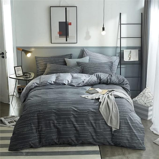 Striped Comforter Set King Size Grey Striped Bedding Comforter 3 Pieces King Comforter Set 1 Stripe Comforter with 2 Pillowcases Geometric Stripes Fluffy Microfiber Comforter King for All Seasons