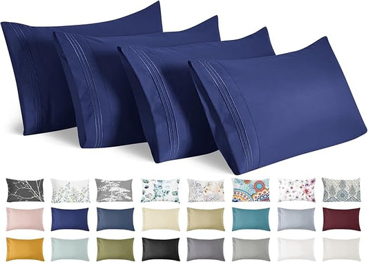 YIYEA California King Pillow Cases Set of 4, Ultra Soft 1800TC Hotel Quality Double Brushed Microfiber Embroidered Pillowcases, Envelope Closure, Fade Resistant (20"x40", Navy)