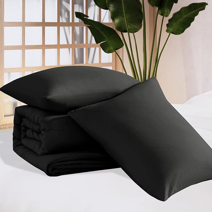WRENSONGE Queen Comforter Set - 3 Pieces Prewashed Black Comforter Soft Lightweight for All Seasons,Fluffy Down Alternative Comforter Queen Size with 2 Pillow Shams